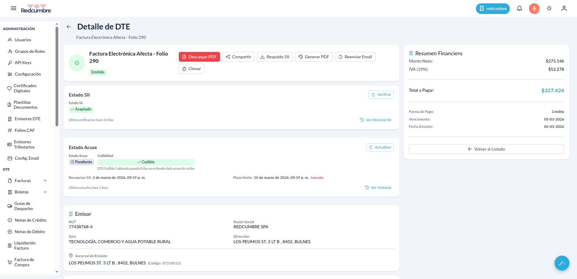 Dashboard de REDCUMBRE — detalle de documento tributario electrónico